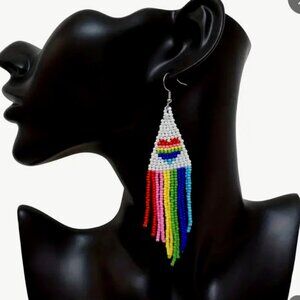 Rainbow Long Dangle Fringe Earrings with heart